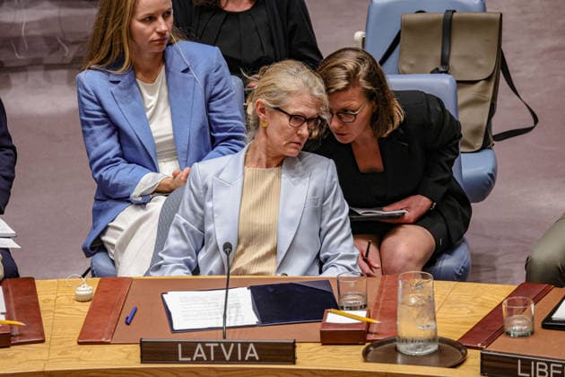May 19, 2026, New York, New York, USA: SANITA PAVLUTA-DESLANDES, Permanent Representative of Latvia to the United Nations, attends a UN Security Council meeting on Ukraine at UNHQ, as Latvia rejects Russian accusations involving drone activity. New York USA - ZUMAo116 20260519_znp_o116_002 Copyright: xBiancaxOterox
