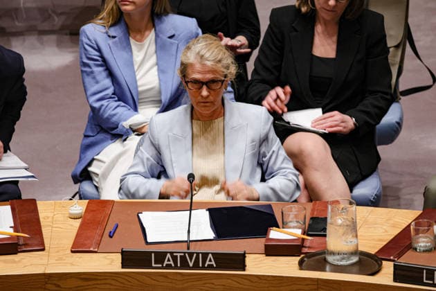 May 19, 2026, New York, New York, USA: SANITA PAVLUTA-DESLANDES, Permanent Representative of Latvia to the United Nations, attends a UN Security Council meeting on Ukraine at UNHQ, as Latvia rejects Russian accusations involving drone activity. New York USA - ZUMAo116 20260519_znp_o116_004 Copyright: xBiancaxOterox