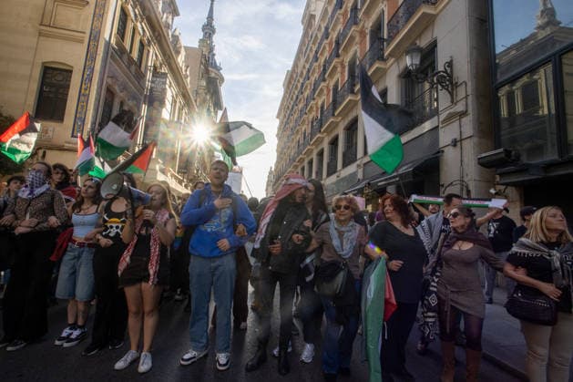 Protest in Madrid Against the Detention of Ships from the Global Sumud Flotilla - 19 May 2026 Protesters hold Palestinian flags during a demonstration. A second day of emergency demonstrations in the center of Madrid against the disruption and detention of ships belonging to the Global Sumud Flotilla. The Israeli army has continued to intercept ships from the flotilla that were heading to Gaza with humanitarian aid from various countries. Madrid Spain Copyright: xDavidxCanalesx xSOPAxImagesx DCFlotillaCallaoCongreso260519-45