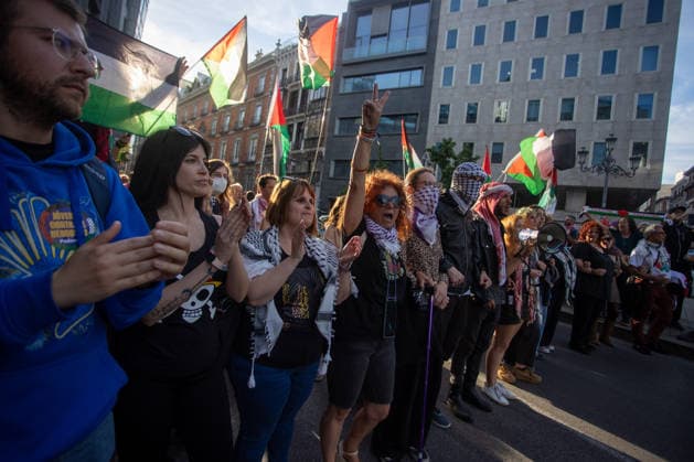 May 19, 2026, Madrid, Spain: Protesters chant slogans during a demonstration. A second day of emergency demonstrations in the center of Madrid against the disruption and detention of ships belonging to the Global Sumud Flotilla. The Israeli army has continued to intercept ships from the flotilla that were heading to Gaza with humanitarian aid from various countries. Madrid Spain - ZUMAs197 20260519_aaa_s197_270 Copyright: xDavidxCanalesx