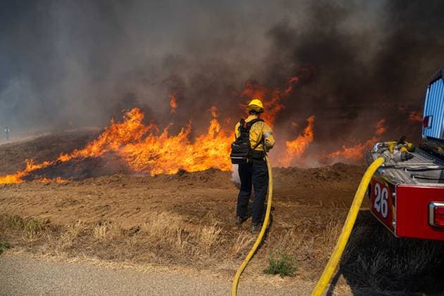 Bain Fire erupts in Jurupa Valley burns over 600 acres CALIFORNIA, US - MAY 19: A San Bernadino County Firefighter puts out a blaze during the Bain Fire originating from Jurupa Valley, California, United States on May 19, 2026. Jon Putman Anadolu California United States. Editorial use only. Please get in touch for any other usage.  Copyright: x2026xAnadoluxJonxPutmanx