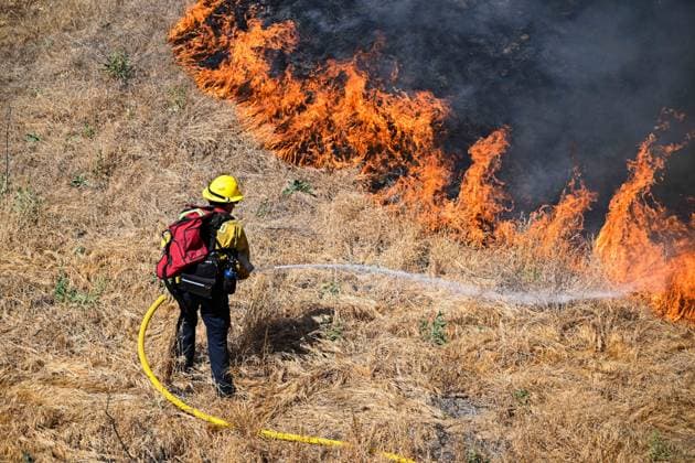 Bain Fire erupts in Jurupa Valley burns over 600 acres CALIFORNIA, US - MAY 19: A San Bernadino County Firefighter puts out a blaze during the Bain Fire originating from Jurupa Valley, California, United States on May 19, 2026. Jon Putman Anadolu California United States. Editorial use only. Please get in touch for any other usage.  Copyright: x2026xAnadoluxJonxPutmanx
