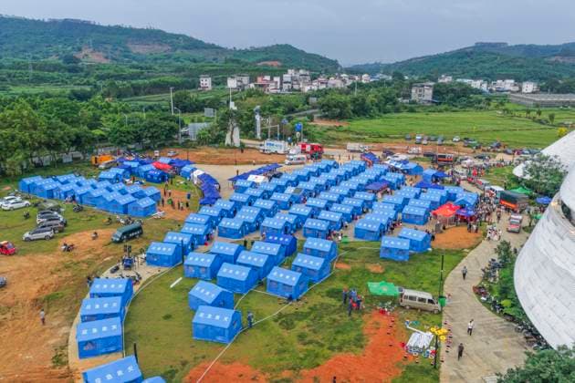 LIUZHOU, CHINA - MAY 19: Tents are set up for quake-affected residents at a resettlement site after a 5.2-magnitude earthquake on May 19, 2026 in Liunan District, Liuzhou City, Guangxi Zhuang Autonomous Region of China. Another 5.2-magnitude earthquake jolted Liunan district, Liuzhou city in South China s Guangxi Zhuang Autonomous Region at 9:44 pm on May 18. This was the second 5.2 magnitude earthquake to hit Liuzhou within one day. Emergency, fire, and police authorities rushed to the scene immediately after the quake to carry out rescue operations.  Copyright: xVCGx 111642759963