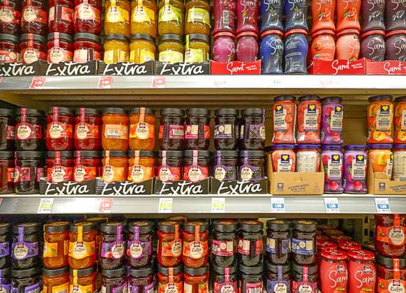 Various types of jam and mousse seen on 19 05 2026 in the supermarket