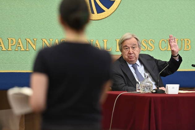 UN Secretary-General Antonio Guterres press conference in Tokyo TOKYO, JAPAN - MAY 20: United Nations Secretary-General Antonio Guterres answers a question from a journalist during a press conference at the Japan National Press Club in Tokyo, Japan, on May 20, 2026. Guterres visited Japan as Tokyo hosted, for the first time in Asia, a meeting of the United Nations System Chief Executives Board for Coordination, and as Japan marks 70 years since joining the United Nations. David Mareuil Anadolu Tokyo Japan. Editorial use only. Please get in touch for any other usage.  Copyright: x2026xAnadoluxDavidxMareuilx