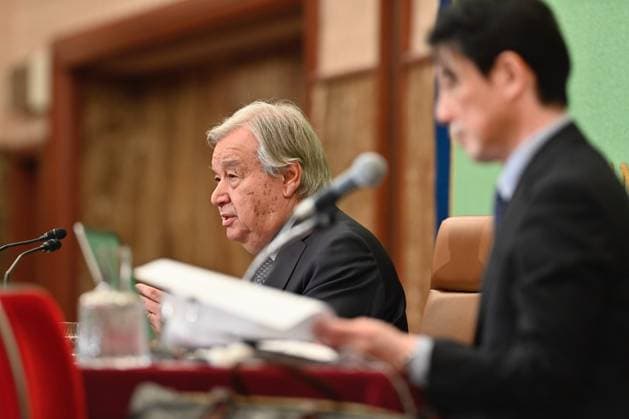 UN Secretary-General Antonio Guterres press conference in Tokyo TOKYO, JAPAN - MAY 20: United Nations Secretary-General Antonio Guterres speaks during a press conference at the Japan National Press Club in Tokyo, Japan, on May 20, 2026. Guterres is visiting Japan as Tokyo hosts, for the first time in Asia, a meeting of the United Nations System Chief Executives Board for Coordination, and as Japan marks 70 years since joining the United Nations. David Mareuil Anadolu Tokyo Japan. Editorial use only. Please get in touch for any other usage.  Copyright: x2026xAnadoluxDavidxMareuilx