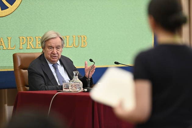 UN Secretary-General Antonio Guterres press conference in Tokyo TOKYO, JAPAN - MAY 20: United Nations Secretary-General Antonio Guterres answers a question from a journalist during a press conference at the Japan National Press Club in Tokyo, Japan, on May 20, 2026. Guterres visited Japan as Tokyo hosted, for the first time in Asia, a meeting of the United Nations System Chief Executives Board for Coordination, and as Japan marks 70 years since joining the United Nations. David Mareuil Anadolu Tokyo Japan. Editorial use only. Please get in touch for any other usage.  Copyright: x2026xAnadoluxDavidxMareuilx