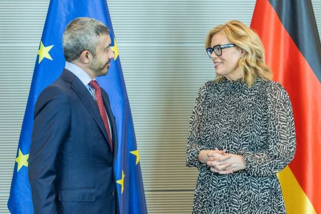 President of the Bundestag Julia Klöckner receives the Foreign Minister of the UAE Sheikh Abdullah bin Zayed Al Nahyan on 20 05 2026 in the Reichstag building in Berlin Sheikh Abdullah bin Zayed Al Nahyan Foreign Minister United Arab Emirates UAE , left Julia Klöckner President of the Bundestag , right xJRx