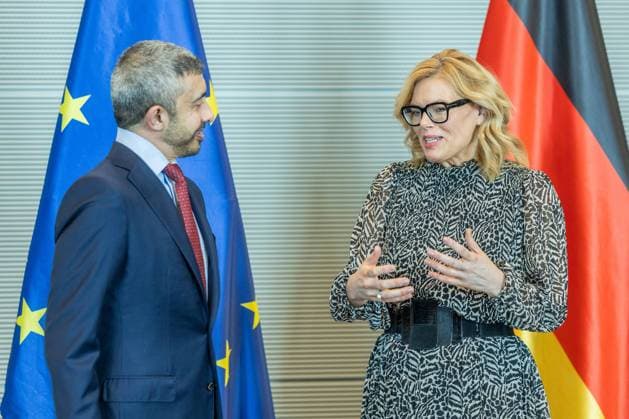 President of the Bundestag Julia Klöckner receives the Foreign Minister of the UAE Sheikh Abdullah bin Zayed Al Nahyan on 20 05 2026 in the Reichstag building in Berlin Sheikh Abdullah bin Zayed Al Nahyan Foreign Minister United Arab Emirates UAE , left Julia Klöckner President of the Bundestag , right xJRx