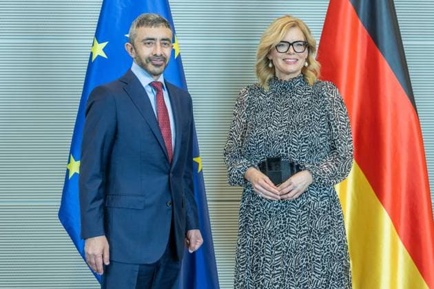 President of the Bundestag Julia Klöckner receives the Foreign Minister of the UAE Sheikh Abdullah bin Zayed Al Nahyan on 20 05 2026 in the Reichstag building in Berlin Sheikh Abdullah bin Zayed Al Nahyan Foreign Minister United Arab Emirates UAE , left Julia Klöckner President of the Bundestag , right xJRx