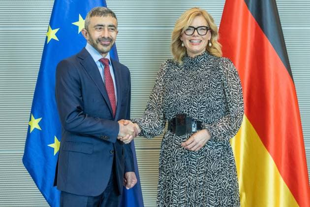 President of the Bundestag Julia Klöckner receives the Foreign Minister of the UAE Sheikh Abdullah bin Zayed Al Nahyan on 20 05 2026 in the Reichstag building in Berlin Sheikh Abdullah bin Zayed Al Nahyan Foreign Minister United Arab Emirates UAE , left Julia Klöckner President of the Bundestag , right xJRx