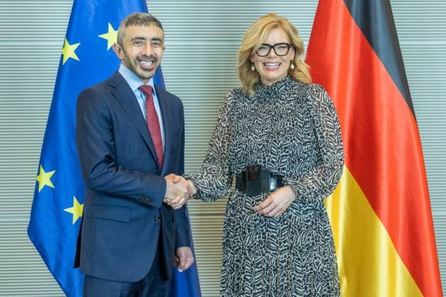 President of the Bundestag Julia Klöckner receives the Foreign Minister of the UAE Sheikh Abdullah bin Zayed Al Nahyan on 20 05 2026 in the Reichstag building in Berlin Sheikh Abdullah bin Zayed Al Nahyan Foreign Minister United Arab Emirates UAE , left Julia Klöckner President of the Bundestag , right xJRx