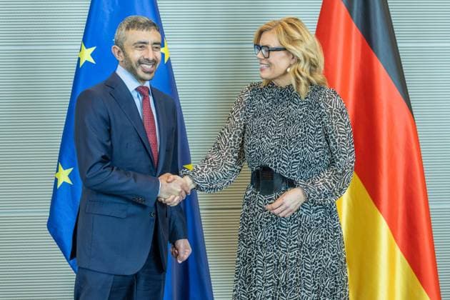President of the Bundestag Julia Klöckner receives the Foreign Minister of the UAE Sheikh Abdullah bin Zayed Al Nahyan on 20 05 2026 in the Reichstag building in Berlin Sheikh Abdullah bin Zayed Al Nahyan Foreign Minister United Arab Emirates UAE , left Julia Klöckner President of the Bundestag , right xJRx