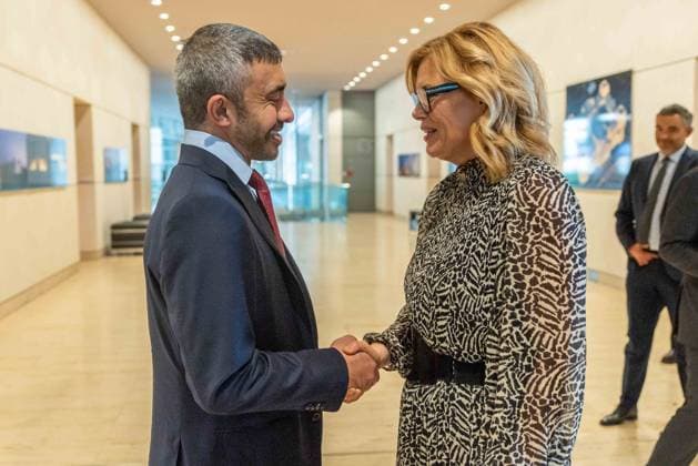 President of the Bundestag Julia Klöckner receives the Foreign Minister of the UAE Sheikh Abdullah bin Zayed Al Nahyan on 20 05 2026 in the Reichstag building in Berlin Sheikh Abdullah bin Zayed Al Nahyan Foreign Minister United Arab Emirates UAE , left Julia Klöckner President of the Bundestag , right xJRx