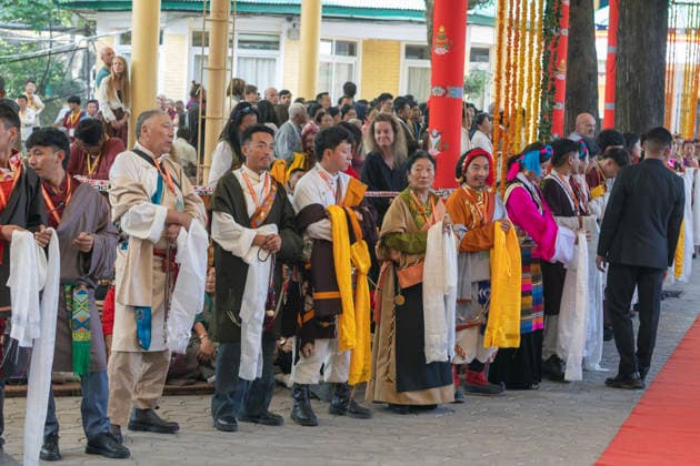 May 20, 2026, Palampur, Dharamshala, India: Members of Central Dokham Chushi Gangdrug and Himalayan Buddhist Cultural Association standing with ceremonial scarf to welcome Tibetan spiritual Leader the Dalai Lama during a Long Life Prayer offered to him by Central Dokham Chushi Gangdrug and Himalayan Buddhist Cultural Association at the Main Tibetan Temple in Mcleodganj, Dharamshala ..NOTE: EDITORIAL USE ONLY. Palampur India - ZUMAb235 20260520_zip_b235_017 Copyright: xShaileshxBhatnagarx