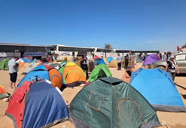 Global Sumud Flotilla convoy wait near Sirte for 4 days to cross into eastern Libya SIRTE, LIBYA - MAY 20: Tents are seen as Global Sumud Flotilla convoy, which set out by land to break the blockade on Gaza and deliver humanitarian aid, continues to wait near Libya s Sirte for 4 days on May 20, 2026. Stringer Anadolu Sirte Libya. Editorial use only. Please get in touch for any other usage.  Copyright: x2026xAnadoluxStringerx