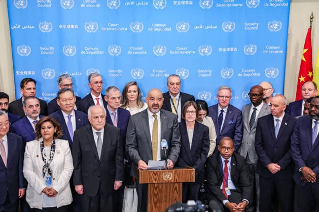 May 20, 2026, New York, New York, USA: WALID OBEIDAT, Permanent Representative of Jordan to the United Nations, speaks at the Security Council stakeout at UNHQ before a Security Council meeting on the Protection of Civilians in Armed Conflict, on behalf of the founding states of the Global Initiative to Galvanize Political Commitment to International Humanitarian Law, as MIRJANA SPOLJARIC, President of the International Committee of the Red Cross, stands alongside representatives of member states in support. New York USA - ZUMAo116 20260520_znp_o116_011 Copyright: xBiancaxOterox