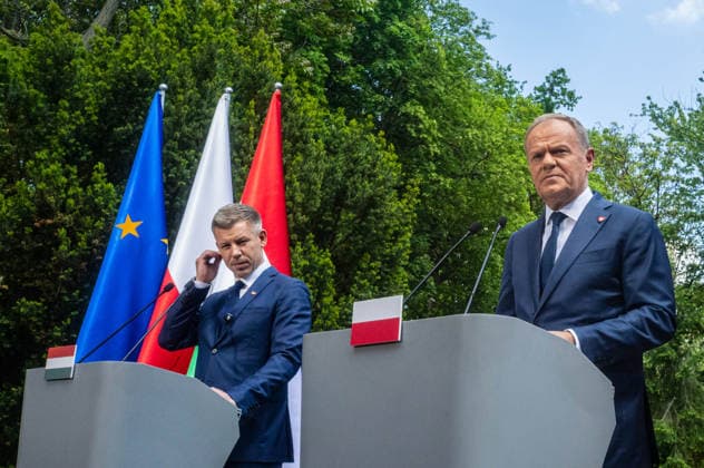 Hungarian Prime Minister, Peter Magyar meets Prime Minister of Poland, Donald Tusk in Warsaw, Poland - 20 May 2026. New Hungarian Prime Minister, Peter Magyar and Polish Prime Minister, Donald Tusk held a joint press conference during their meeting at the Polish Prime Minister s residence. On the morning of Wednesday, the 20th of May, on his first foreign visit, the new Prime Minister of Hungary, Peter Magyar, meets with Polish Prime Minister Donald Tusk. The visit symbolically marks the opening of a new phase in Budapest s relations with Europe. During the meeting the Prime Ministers discuss Magyar s victory in the recent Hungarian elections, the Polish-Hungarian relationship, and the issue of Zbigniew Ziobra and Marcin Romanowski - two Po Copyright: xNeilxMiltonx xSOPAxImagesx NSM2026134G0520-L1002811_4000_240dpi