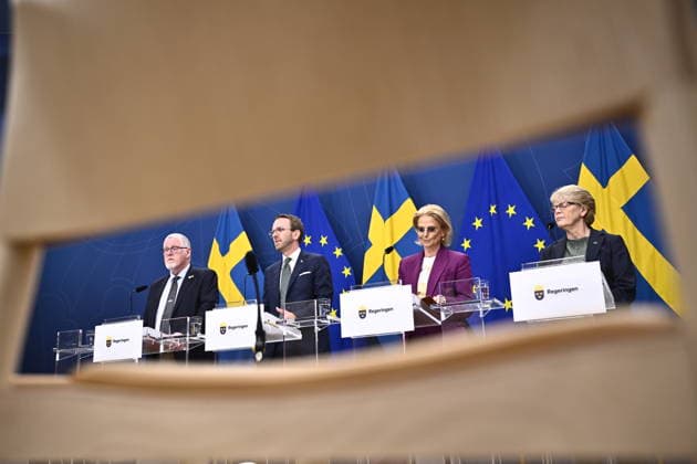 STOCKHOLM, SWEDEN 20260521 Thomas Morell SD , Minister of Infrastructure and Housing Andreas Carlson KD , Minister of Finance Elisabeth Svantesson M and Helena Gellerman L , during a press conference where they present measures for aviation in an upcoming extra amending budget, against the background of the global energy crisis STOCKHOLM SWEDEN x10050x  Copyright: xPontusxLundahl TTx PRESSTRÄFF ATGÄRDER FÖR LUFTFARTEN e8hQhgOT6XY