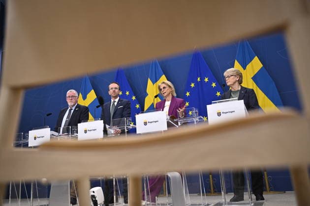 STOCKHOLM, SWEDEN 20260521 Thomas Morell SD , Minister of Infrastructure and Housing Andreas Carlson KD , Minister of Finance Elisabeth Svantesson M and Helena Gellerman L , during a press conference where they present measures for aviation in an upcoming extra amending budget, against the background of the global energy crisis STOCKHOLM SWEDEN x10050x  Copyright: xPontusxLundahl TTx PRESSTRÄFF ATGÄRDER FÖR LUFTFARTEN W9343f8vPh8