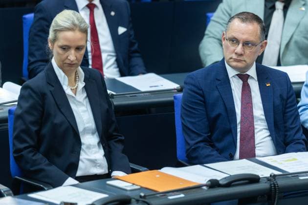 80 Session of the German Bundestag on 21 05 2026 in the plenary chamber of the Reichstag building in Berlin Alice Weidel parliamentary group leader Alternative for Germany AfD , left Tino Chrupalla parliamentary group leader Alternative for Germany AfD , right xJRx