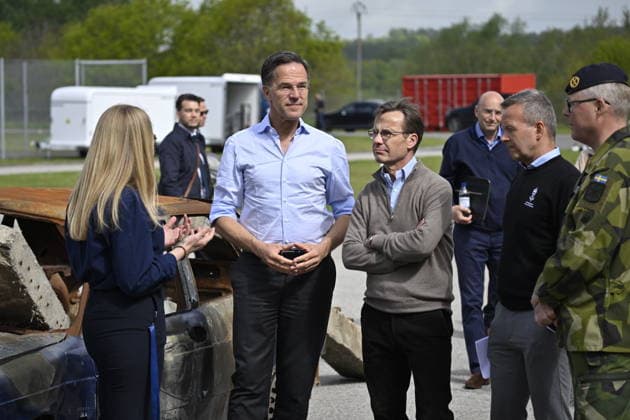 REVINGE, SWEDEN 20260521 NATO Secretary General Mark Rutte, Prime Minister Ulf Kristersson, Mikael Frisell, Director General of the Swedish Civil Defense Authority and Lieutenant General Carl Johan Edström, Head of the Swedish Armed Fo  Copyright: xJohanxNilsson TTx NATOS UTRIKESMINISTERMÖTE REVINGE teAu893uFB0