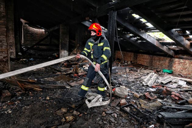RECORD DATE NOT STATED Russian Drone Attack on Odesa Leaves People Injured A firefighter works to eliminate the aftermath of a Russian drone attack in Odesa, Ukraine, on May 18, 2026. As a result of a massive overnight attack by Russian strike drones, several residential buildings in the Prymorskyi and Kyivskyi districts sustained significant damage. Roofs of three-storey buildings were destroyed, while a one-storey house was ruined in another area. Buildings of a city lyceum and a kindergarten were also damaged. Two people, an 11-year-old boy and a 59-year-old man, were injured Photo by Nina Liashonok Ukrinform ABACAPRESS.COM Odesa Ukraine  Copyright: xLyashonokxNina Ukrinform ABACAx