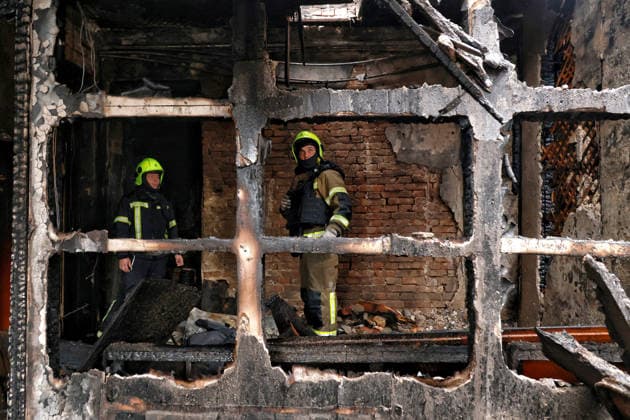RECORD DATE NOT STATED Russian Drone Attack on Odesa Leaves People Injured Firefighters deal with the aftermath of a Russian drone attack in Odesa, Ukraine, on May 18, 2026. As a result of a massive overnight attack by Russian strike drones, several residential buildings in the Prymorskyi and Kyivskyi districts sustained significant damage. Roofs of three-storey buildings were destroyed, while a one-storey house was ruined in another area. Buildings of a city lyceum and a kindergarten were also damaged. Two people, an 11-year-old boy and a 59-year-old man, were injured Photo by Nina Liashonok Ukrinform ABACAPRESS.COM Odesa Ukraine  Copyright: xLyashonokxNina Ukrinform ABACAx