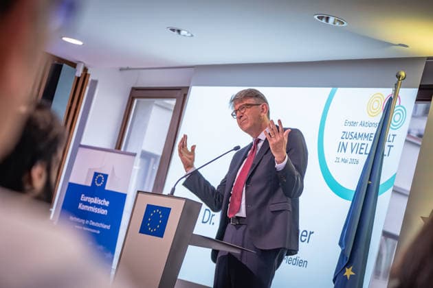 Wolfram Weimer, Minister of State for Culture and the Media, opens with a welcome address and comments on anti-Semitism in the cultural sector and the regulation of social media Event organized by the Cultural Integration Initiative to mark the Cohesion in Diversity Action Day, Berlin Berlin Deutschland Europäisches Haus