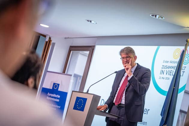 Wolfram Weimer, Minister of State for Culture and the Media, opens with a welcome address and comments on anti-Semitism in the cultural sector and the regulation of social media Event organized by the Cultural Integration Initiative to mark the Cohesion in Diversity Action Day, Berlin Berlin Deutschland Europäisches Haus