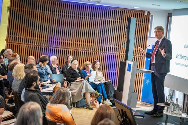 Wolfram Weimer, Minister of State for Culture and the Media, opens with a welcome address and comments on anti-Semitism in the cultural sector and the regulation of social media Event organized by the Cultural Integration Initiative to mark the Cohesion in Diversity Action Day, Berlin Berlin Deutschland Europäisches Haus