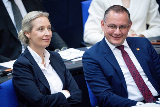 German Bundestag, 80th plenary session Alice Weidel AfD together with Tino Chrupalla AfD in the plenary at the 80th session of the German Bundestag in Berlin, 21 05 2026 Berlin Berlin Germany