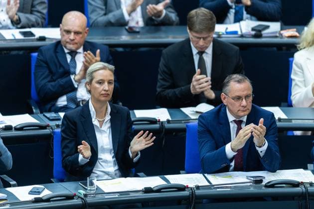 80 Session of the German Bundestag on 21 05 2026 in the plenary chamber of the Reichstag building in Berlin Alice Weidel parliamentary group leader Alternative for Germany AfD , left Tino Chrupalla parliamentary group leader Alternative for Germany AfD , right xJRx