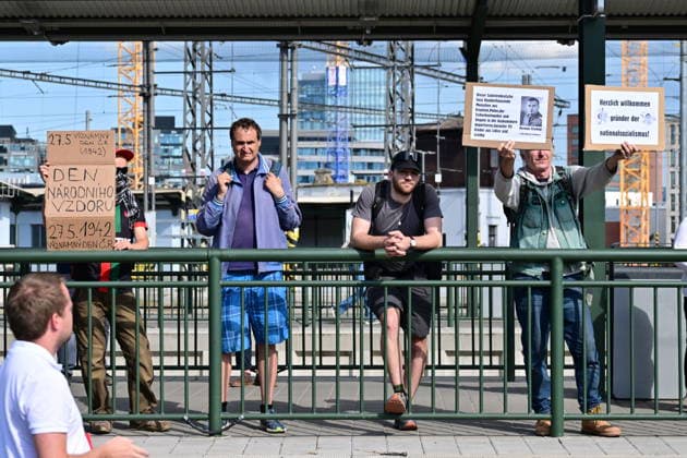 Memorial service for Holocaust held at site from which Jewish transports departed from Brno, kicking off Meeting Brno festival. Pictured Demonstration for in support of the Czecha s independence and against activities associated with Sudeten German Association in Brno, Czech Republic, May 21, 2026. (CTKxPhoto VaclavxSalek) CTKPhotoP2026052106196  CTKPhotoP2026052106196