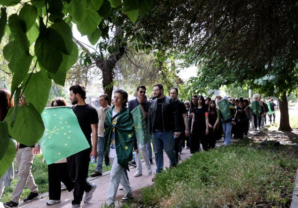 Damascus marks 162nd anniversary of the 1864 Circassian Exile DAMASCUS, SYRIA - MAY 21: Around 200 members of the Circassian community carrying Circassian and Syrian flags gather at Umayyad Park to commemorate the 162nd anniversary of the 1864 Circassian Exile, in Damascus, Syria on May 21, 2026. Izz Aldien Alqasem Anadolu Damascus Syria. Editorial use only. Please get in touch for any other usage.  Copyright: x2026xAnadoluxIzzxAldienxAlqasemx