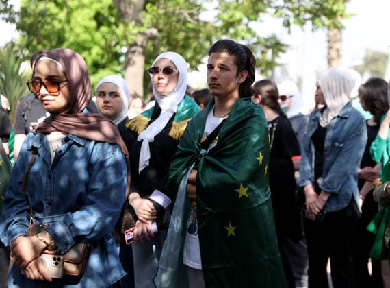 Damascus marks 162nd anniversary of the 1864 Circassian Exile DAMASCUS, SYRIA - MAY 21: Around 200 members of the Circassian community carrying Circassian and Syrian flags gather at Umayyad Park to commemorate the 162nd anniversary of the 1864 Circassian Exile, in Damascus, Syria on May 21, 2026. Izz Aldien Alqasem Anadolu Damascus Syria. Editorial use only. Please get in touch for any other usage.  Copyright: x2026xAnadoluxIzzxAldienxAlqasemx