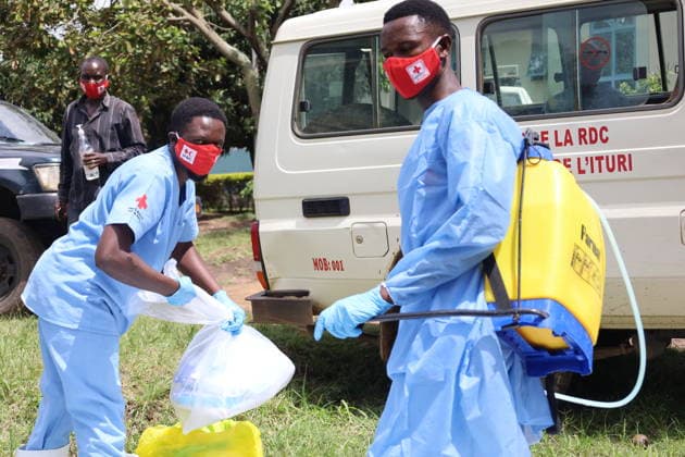 (260521) -- BUNIA, May 21, 2026 -- Medical worker disinfect equipments before the burial of a suspected Ebola victim in Bunia, Ituri Province, the Democratic Republic of the Congo, on May 21, 2026. The outbreak, initially reported in Ituri Province, has now affected North Kivu and South Kivu, while two confirmed cases have also been reported in the neighboring country of Uganda. ( Xinhua) DR CONGO-ITURI-EBOLA OUTBREAK str 