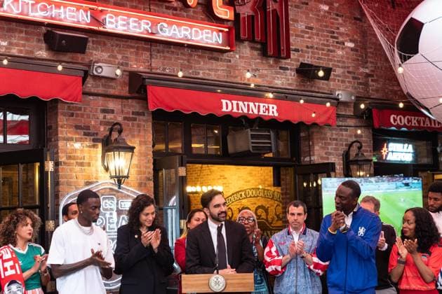 May 21, 2026, New York, New York, USA: Mayor Zohran Mamdani announced at Harlem Tavern in New York, NY on May 21, 2026 that 1,000 affordable tickets for World Cup priced at 0.00 with free bus ride to the stadium in East Rutherford and back to the city will be available for city resident via lottery. There will be 150 tickets for each group game and rounds of 32 and 16 held in New Jersey stadium, that represents 0.2% of stadium capacity. New York USA  - ZUMAr339 20260521_znp_r339_001 Copyright: xLevxRadinx