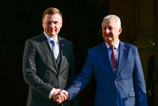 Czech Defence Minister Jaromir Zuna (for SPD), right, receives Estonian Defence Minister Hanna Pevkur, left, in Prague, Czech Republic, on May 22, 2026. (CTKxPhoto RomanxVondrous) CTKPhotoP2026052201726  CTKPhotoP2026052201726
