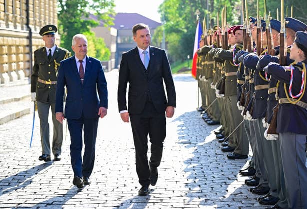 Czech Defence Minister Jaromir Zuna (for SPD), front left, receives Estonian Defence Minister Hanna Pevkur, right, in Prague, Czech Republic, on May 22, 2026. (CTKxPhoto RomanxVondrous) CTKPhotoP2026052201733  CTKPhotoP2026052201733