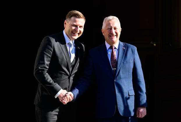 Czech Defence Minister Jaromir Zuna (for SPD), right, receives Estonian Defence Minister Hanna Pevkur, left, in Prague, Czech Republic, on May 22, 2026. (CTKxPhoto RomanxVondrous) CTKPhotoP2026052201742  CTKPhotoP2026052201742