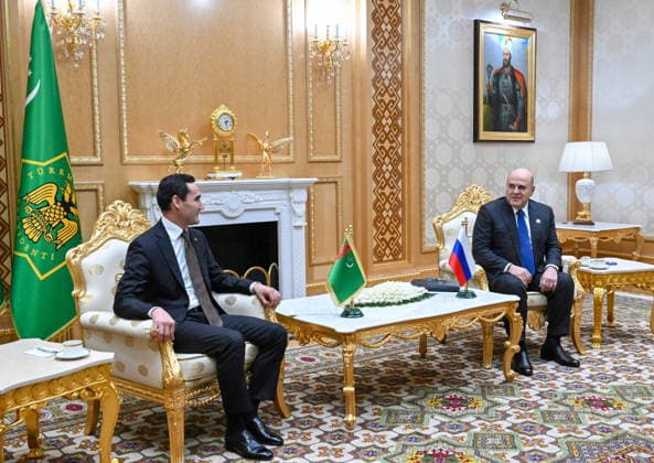 TURKMENISTAN, ASHGABAT - MAY 22, 2026: Serdar Berdimuhamedow (L), President of Turkmenistan, and Mikhail Mishustin, Prime Minister of Russia, hold a meeting Ashgabat Turkmenistan  - ZUMAt113 20260522_zaa_t113_071 Copyright: xAlexanderxMiridonovx