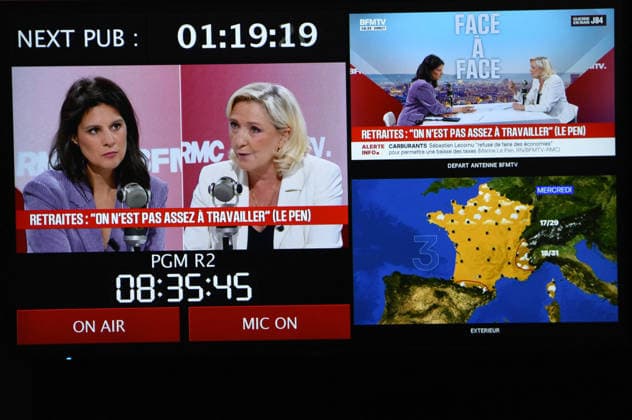Marine Le Pen Appears On RMC BFMTV - Paris Marine Le Pen is interviewed by Apolline de Malherbe on RMC BFMTV in Paris, France on May 22, 2026. Photo by Alain Apaydin ABACAPRESS.COM Paris France  Copyright: xApaydinxAlain ABACAx