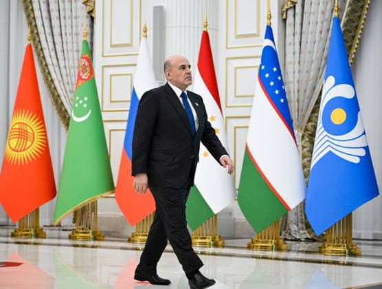 TURKMENISTAN, ASHGABAT - MAY 22, 2026: Mikhail Mishustin, Prime Minister of Russia, arrives for an expanded meeting of the CIS (Commonwealth of Independent States) Council of the Heads of Government at the Garagum Hotel and Business Centre. Alexander Miridonov POOL TASS  92872967