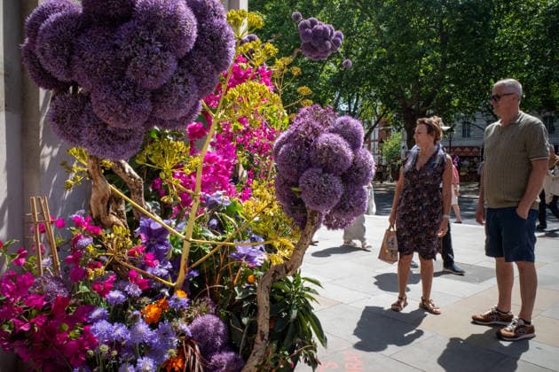 RHS Chelsea Flower Show in London, UK - 22 May 2026 Members of the public inspect floral displays during the RHS Chelsea Flower Show. After several days of unsettled weather, large crowds gathered along Sloane Street and the surrounding areas on the penultimate day of the 2026 RHS Chelsea Flower Show to view the elaborate floral displays created for the annual event. Visitors lined the streets of Chelsea as retailers, hotels and restaurants unveiled large-scale made from fresh flowers and plants, continuing a tradition that has become closely associated with the world-famous horticultural show. London United Kingdom Copyright: xJamesxWilloughbyx xSOPAxImagesx JWILLOUGHBY_2759