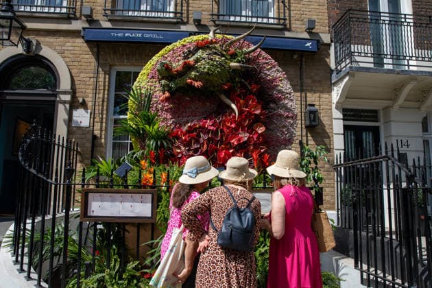 May 22, 2026, London, United Kingdom: Members of the public inspect floral displays during the RHS Chelsea Flower Show. After several days of unsettled weather, large crowds gathered along Sloane Street and the surrounding areas on the penultimate day of the 2026 RHS Chelsea Flower Show to view the elaborate floral displays created for the annual event. Visitors lined the streets of Chelsea as retailers, hotels and restaurants unveiled large-scale made from fresh flowers and plants, continuing a tradition that has become closely associated with the world-famous horticultural show. London United Kingdom - ZUMAs197 20260522_aaa_s197_012 Copyright: xJamesxWilloughbyx