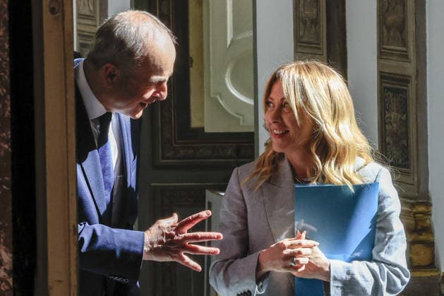 Giorgia Meloni - Micheal Martin meeting in Rome ROME, ITALY - MAY 22: Ireland s Prime Minister Micheal Martin (L) and Italy s Premier Giorgia Meloni (R) arrive for a joint press meeting after their meeting at Chigi Palace government office in Rome, Italy, on May 22, 2026. Riccardo De Luca Anadolu Rome Italy. Editorial use only. Please get in touch for any other usage.  Copyright: x2026xAnadoluxRiccardoxDexLucax