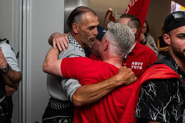 Belgian activists who were part of the Gaza Flotilla arrive at Brussels Airport, in Zaventem, Friday 22 May 2026.  EMILExWINDAL 174748861