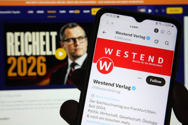 The X account of Westend Verlag was accessed on a smartphone Behind it, the online medium Nius was opened on a laptop In an open letter, 32 authors have announced their withdrawal from Westend Verlag They accuse the publishing house of bei