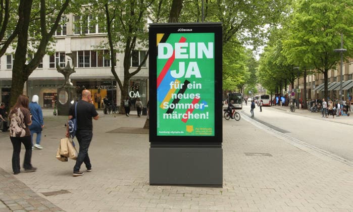 The city of Hamburg advertises on a JCDecaux billboard in Mönckebergstraße for Yes votes in the referendum on May 31, in which the Hanseatic citys bid to host the Olympic Games and Paralympics will be put to the vote Old Town Hamburg